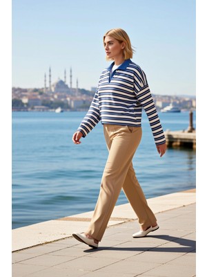 Benerly Kadın Büyük Beden Bluz Polo Yaka Uzun Kol Çizgili Ribana Örme Kumaş Rahat Kesim Düşük Omuz