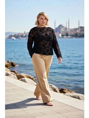 Benerly Kadın Büyük Beden Bluz Kayık Yaka Uzun Kol Örme Transparan Çiçekli Desen Fitted Kalıp Spor