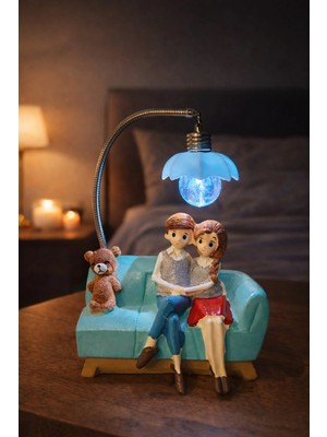 MiraLive Romantik Çift Figürlü Işıklı Biblo – Genç & Yatak Odası Dekoru - Sevgiliye Hediye, 18 cm Mavi