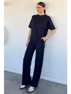 Gülseli Kadın Bisiklet Yaka Tişört Bel Lastikli Palazzo Pantolon Ikili Takım P-00020478