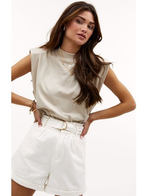 Madmext Bej Vatkalı Tişört Kadın M Kısa Kol Dik Yaka %100 Pamuk Günlük Stil