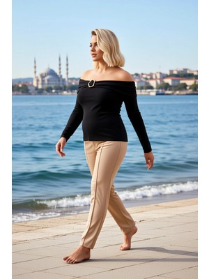 Benerly Kadın Büyük Beden Bluz Carmen Yaka Standart Uzun Kol Düz Desen Ribana Örme Kumaş Regular