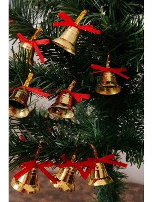 MiraLive 12 Adet Mini Çan Yılbaşı Çam Ağacı Süsü  3 cm Kırmızı Kurdeleli Gold Yılbaşı Çam Ağacı Süsü