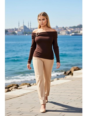 Benerly Kadın Büyük Beden Bluz Carmen Yaka Standart Uzun Kol Düz Desen Ribana Örme Kumaş Regular