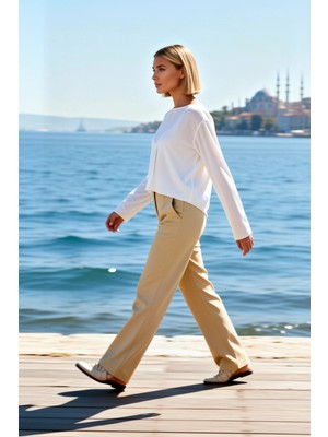 Benerly Kadın Büyük Beden Bluz Kayık Yaka Uzun Kol Fitted Kesim Flamlı Örme Kumaş Crop Boy Şık