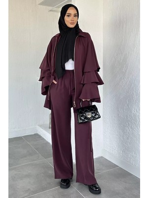 Julude Gülseli Kol Fırfırlı Tunik Bel Lastikli Pantolon Tesettür Ikili Takım P-00020481