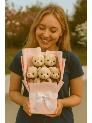 MiraLive Peluş Ayıcık Buketi A.kahve – 5’li Sevimli Teddy Bear Aranjmanı | Hediyelik ve Dekoratif
