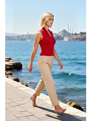 Benerly Kadın Bluz V Yaka Kolsuz Vücuda Oturan Kaşkorse Örme Fitilli Esnek Düz Desen Regular Boy Şık