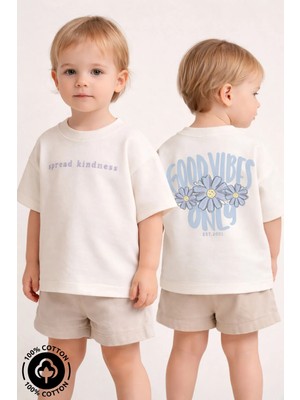 Kız Bisiklet Yaka Good Vibes Only Baskılı %100 Pamuklu Oversize T-Shirt Bebek-Çocuk