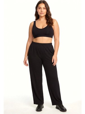 MiraLive Miray- Kadın Siyah Dokulu Büyük Beden Cepli Pijama Altı Rahat Kesim Esnek Bel Günlük Ev Giyim Alt