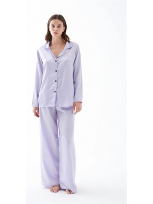 MiraLive Miray- Kadın Lila Oversize Saten Pijama Takımı – Rahat Kesim Şık Ev Giyim Seti