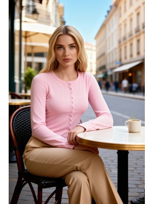 Benerly Kadın Bluz Bisiklet Yaka Uzun Kol Fitted Kalıp Örme Kumaş Çıtçıt Detaylı Crop Kesim Düz Desenli