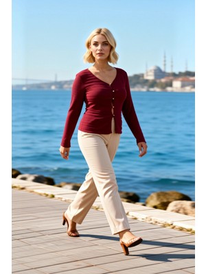 Benerly Kadın Büyük Beden Bluz V Yaka Uzun Kol Gofre Dokulu Örme Kumaş Düğme Detaylı Düz Desen Şık