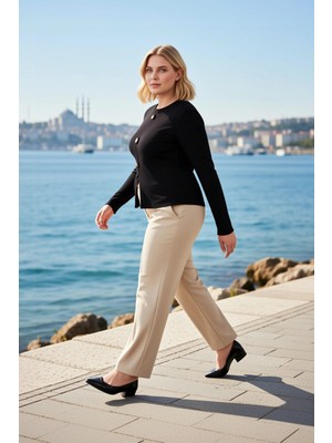 Benerly Kadın Büyük Beden Bluz Bisiklet Yaka Uzun Kol Fitilli Örme Düğme Detaylı Düz Regular Kalıp Ön