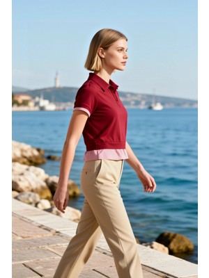 Benerly Kadın Bluz Regular Kalıp Polo Yaka Kısa Kol Örme Kumaş Dokuma Katmanlı Crop Boy Spor