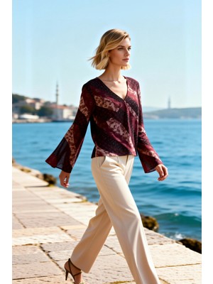 Benerly Kadın Bluz V Yaka Ispanyol Kol Uzun Etnik Desenli Tül Örme Kumaş Fitted Kalıp Regular Boy Şık