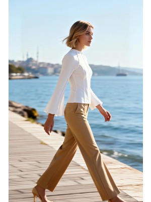 Benerly Kadın Bluz Transparan Vücuda Oturan Dik Yaka Uzun Ispanyol Kol Nervürlü Örme Regular Boy Şık