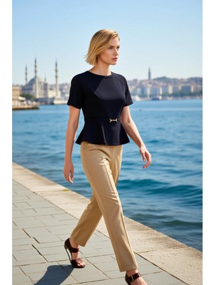 Benerly Kadın Bluz Peplum Kalıp Bisiklet Yaka Reglan Kol Kısa Interlok Örme Düz Desen Astarsız Regular Boy