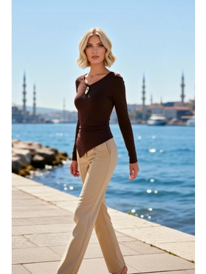 Benerly Kadın Örme Bluz V Yaka Uzun Kol Asimetrik Kesim Crop Boy Sandy Dokuma Esnek Yapı Dayanıklı