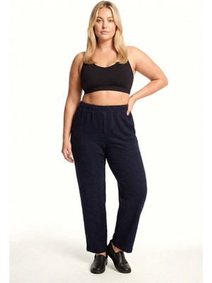 MiraLive Miray- Kadın Lacivert Dokulu Büyük Beden Cepli Pijama Altı Rahat Kesim Esnek Bel Günlük Ev Giyim Alt