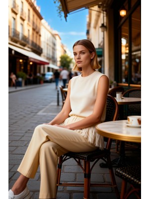 Benerly Kadın Bluz Triko Bisiklet Yaka Kolsuz Püskül Detaylı Ince Dokuma Regular Kalıp Düz Desen Şık