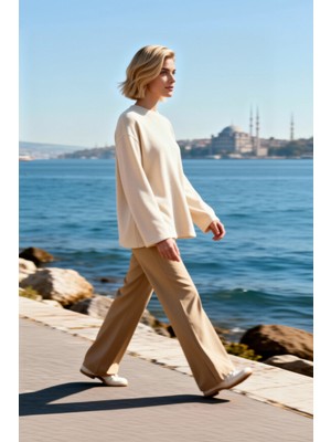 Benerly Kadın Büyük Beden Örme Bluz Bisiklet Yaka Düşük Kol Uzun Selanik Dokuma Yumuşak Kumaş Spor