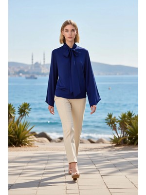 Benerly Kadın Bluz Fular Yaka Uzun Kol Dokuma Saten Kumaş Regular Kalıp Düz Desen Standart Boy Şık