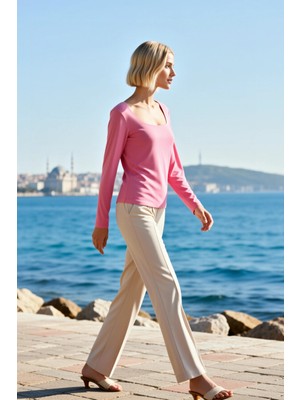 Benerly Kadın Büyük Beden Bluz Kare Yaka Uzun Kollu Regular Kalıp Örme Düz Ribana Dokuma Şık