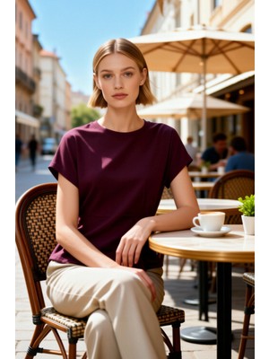 Benerly Kadın T Shirt Kayık Yaka Kısa Kol Relaxed Rahat Kalıp Büzgülü Düz Desen Örme Yumuşak