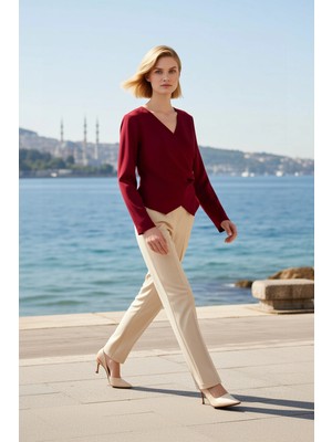 Benerly Kadın Bluz Kruvaze Yaka Uzun Kol Finike Dokuma Kumaş Toka Detaylı Fitted Kalıp Regular Boy Düz Desen