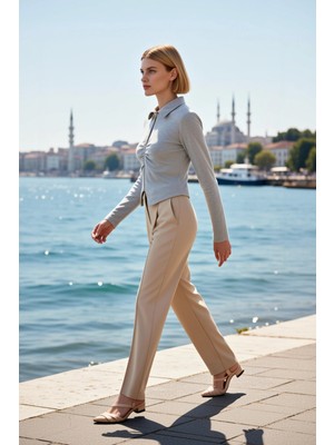 Benerly Kadın Bluz Polo Yaka Fermuarlı Büzgülü Uzun Kol Fitted Kalıp Örme Interlok Dokuma Şık