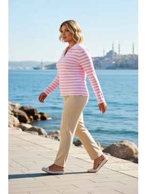 Benerly Kadın Büyük Beden Bluz Polo Yaka Standart Kol Çizgili Örme Esnek Dar Kalıp Süprem Dokulu Crop Boy