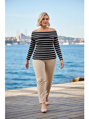 Benerly Kadın Büyük Beden Bluz Carmen Yaka Uzun Kol Çizgili Vücuda Oturan Örme Süprem Dokulu Esnek Kumaş