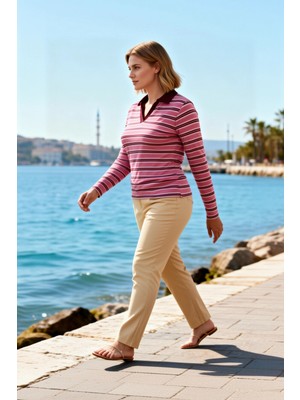 Benerly Kadın Büyük Beden Bluz Polo Yaka Uzun Kol Çizgili Ribana Örme Kumaş Rahat Kesim Düşük Omuz