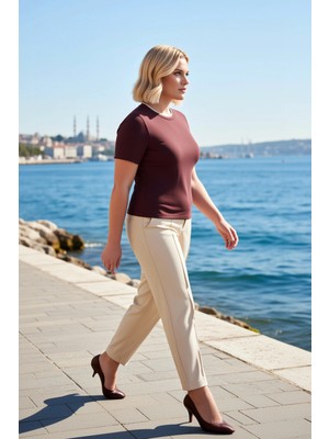 Benerly Kadın Bluz Dar Kalıp Bisiklet Yaka Biye Detaylı Kısa Kol Örme Ribana Yumuşak Tuşeli Düz Desen