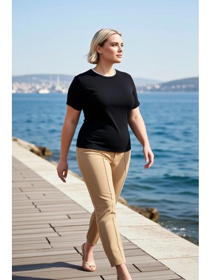 Benerly Kadın Bluz Dar Kalıp Bisiklet Yaka Biye Detaylı Kısa Kol Örme Ribana Yumuşak Tuşeli Düz Desen