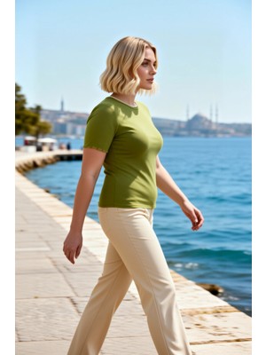 Benerly Kadın Bluz Dar Kalıp Bisiklet Yaka Biye Detaylı Kısa Kol Örme Ribana Yumuşak Tuşeli Düz Desen