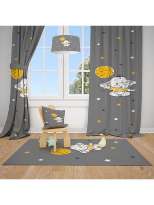 Mekta Home Gri Balon Ve Fil Desenli Çocuk ve Bebek Odası Fon Perdesi 2 Kanat Örme Kumaş