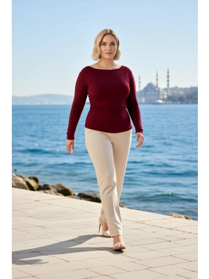 Benerly Kadın Büyük Beden Bluz Kayık Yaka Uzun Kol Örme Kumaş Fitted Kalıp Büzgü Detaylı Dayanıklı