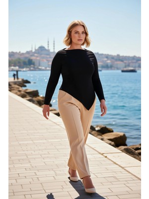 Benerly Kadın Büyük Beden Bluz Asimetrik Yaka Uzun Kol Örme Kaşkorse Fitted Kalıp Düz Desen Kesim Şık