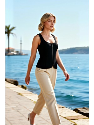 Benerly Kadın Bluz Fitted Kare Yaka Kolsuz Fermuarlı Scuba Krep Örme Düz Desen Astarlı Vücuda Oturan