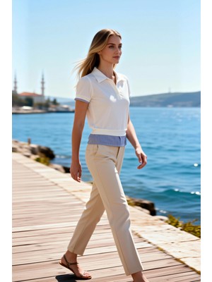 Benerly Kadın Bluz Regular Kalıp Polo Yaka Kısa Kol Örme Kumaş Dokuma Katmanlı Crop Boy Spor