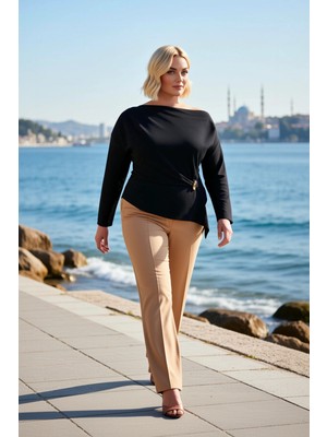 Benerly Kadın Büyük Beden Bluz Asimetrik Yaka Uzun Düşük Kol Dokuma Kumaş Relaxed Kalıp Düz Desen Şık