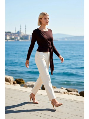 Benerly Kadın Bluz Regular Kalıp Bisiklet Yaka Uzun Ispanyol Kol Bağlama Detaylı Düz Renk Ribana Örme