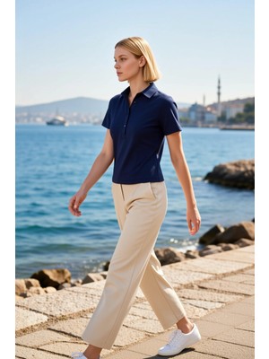 Benerly Kadın Bluz Regular Kalıp Polo Yaka Kısa Kol Örme Penye Süprem Karyoka Dikiş Detaylı Şık