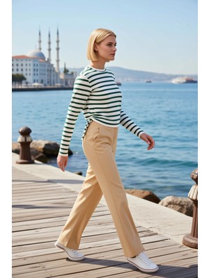 Benerly Kadın Büyük Beden Bluz Bisiklet Yaka Uzun Kol Örme Çizgili Fitted Büzgü Detaylı Crop Boy Süprem