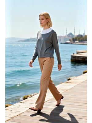 Benerly Kadın Örme Bluz Çift Katlı Tasarım Kayık Yaka Düşük Omuz Uzun Kol Kumaş Regular Kalıp