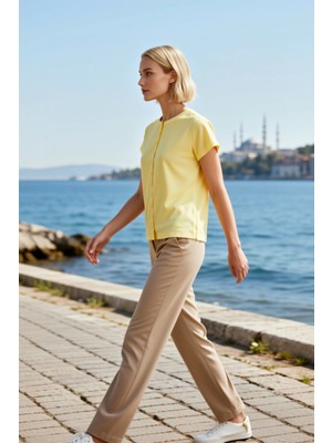 Benerly Kadın Büyük Beden Bluz Bisiklet Yaka Kısa Kol Düğmeli Ribana Örme Fitted Kalıp Casual Günlük