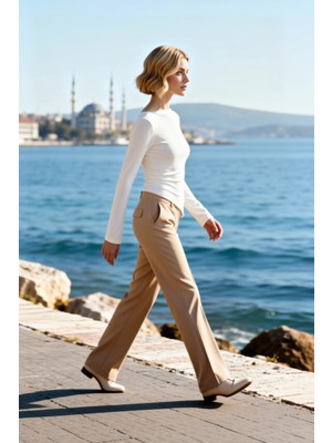 Benerly Kadın Bluz Fitted Kayık Yaka Uzun Kol Örme Düz Desen Regular Boy Vücuda Oturan Asimetrik Kesimli