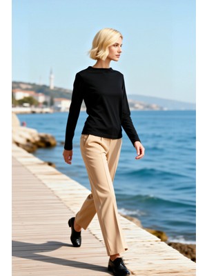 Benerly Kadın Büyük Beden Bluz Dik Yaka Uzun Kol Örme Ribana Düz Desen Regular Kalıp Kışlık Şık